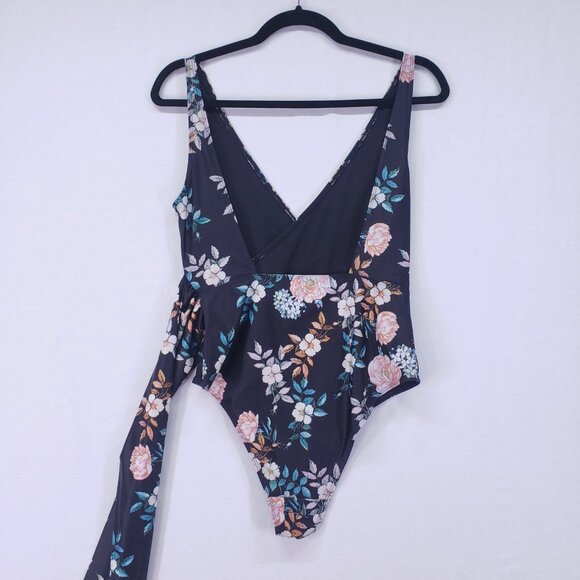 ASOS Swim Size 8 Black Floral Wrap Tie V Neck One Piece Sexy Swimsuit - Picture 4 of 13